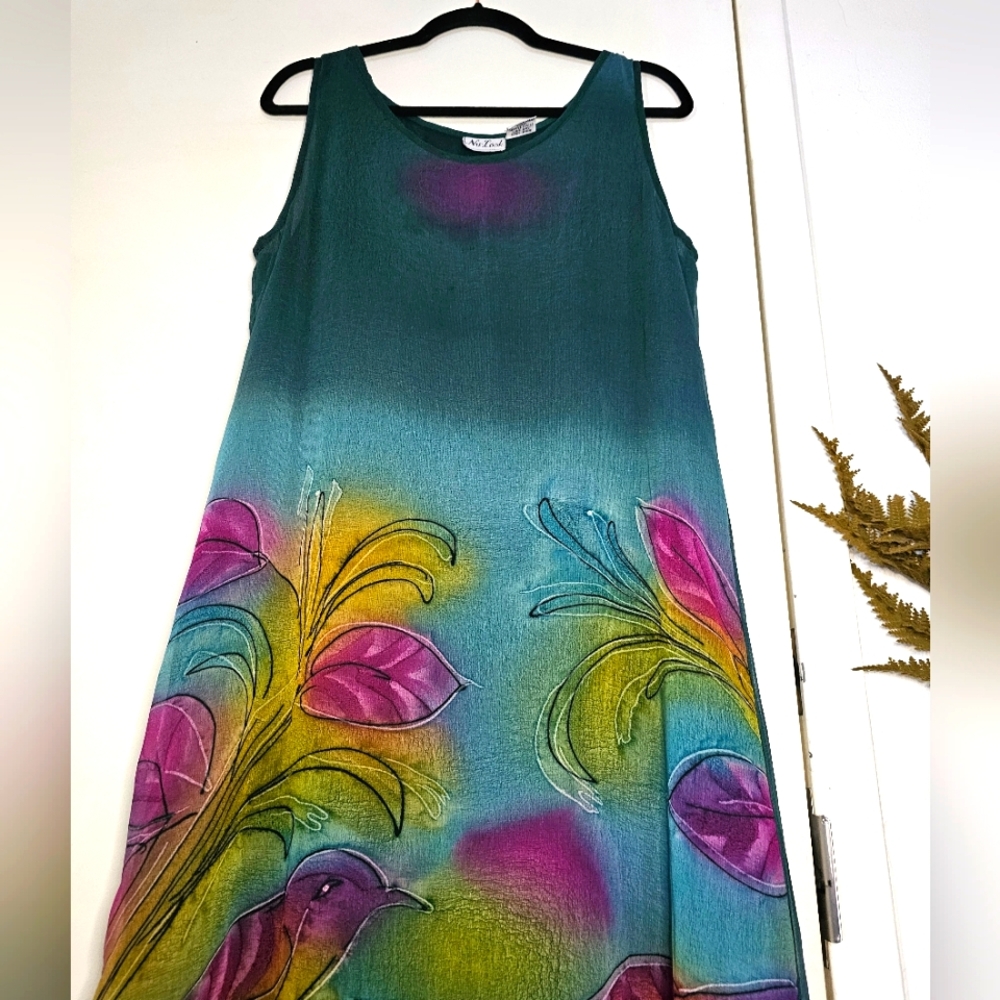 Vintage Maxi Semi-sheer Bird Print Beach Coverup Sleeveless Multicolor Dress - Picture 3 of 13